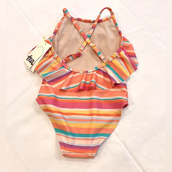 🏖️ NWT Girls Tea Collection striped one piece swimsuit with ruffle size 3 - Picture 2 of 3